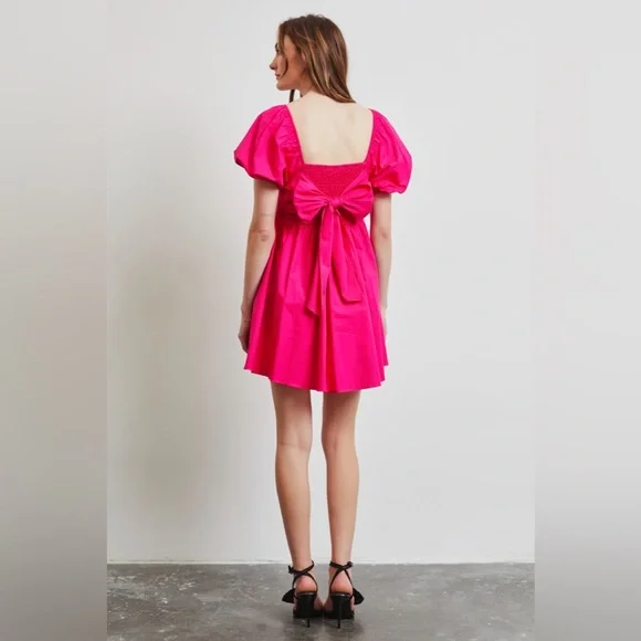 Puff Sleeve Baby Doll Dress with Bow Back and Pockets - Picture 5 of 7